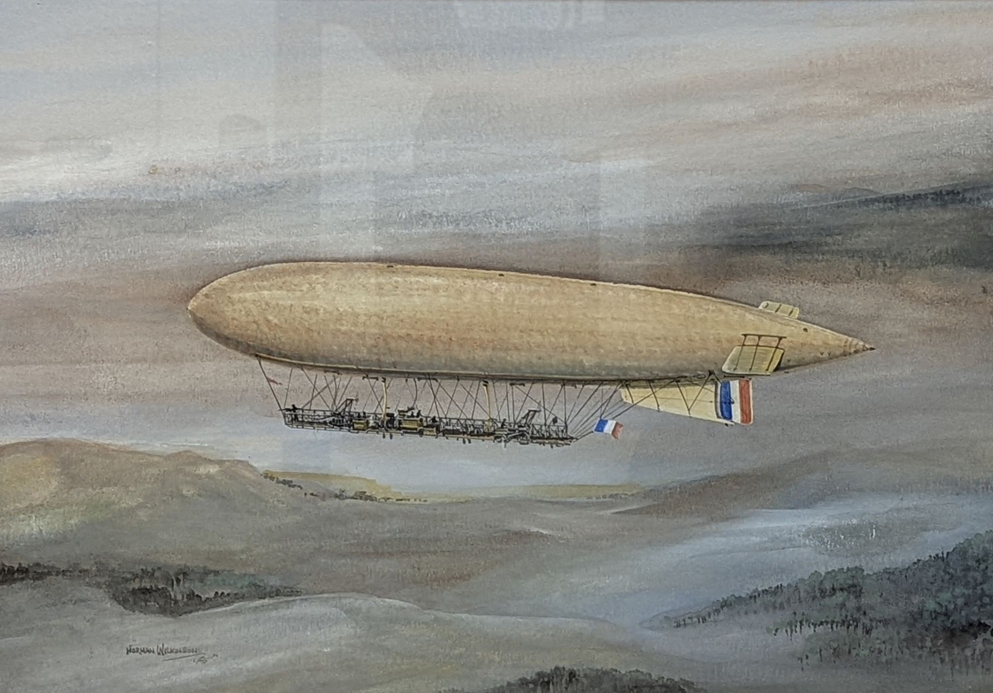 Norman Wilkinson (1878-1971), ink and watercolour, Fleurus Airship French Army 1912, signed with label verso, 27 x 38cm